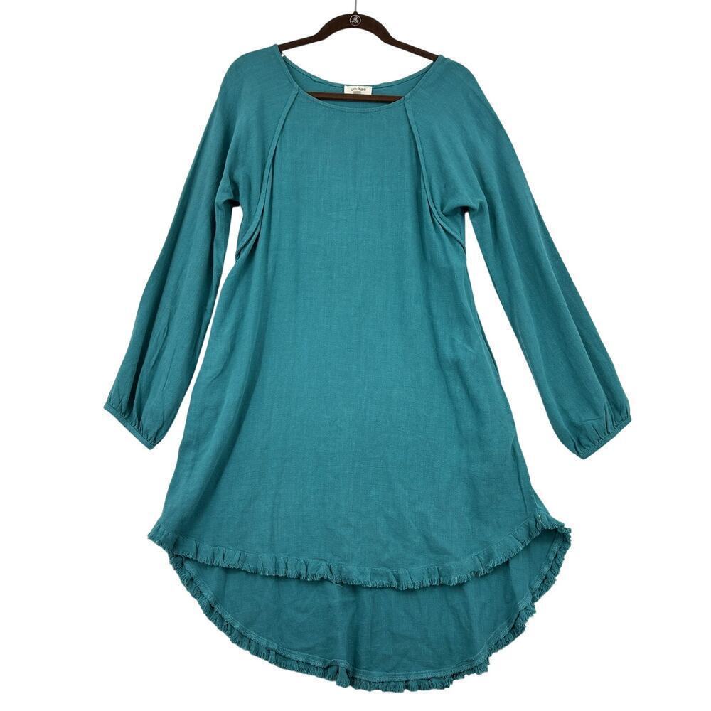 Umgee Swing Dress Size S Teal Blue Linen Blend Long Sleeve Frayed Hi Low Hem‎